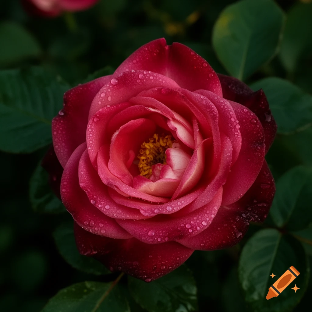 A vibrant red rose covered in water droplets with a yellow center and dark green leaves in a photorealistic close-up.