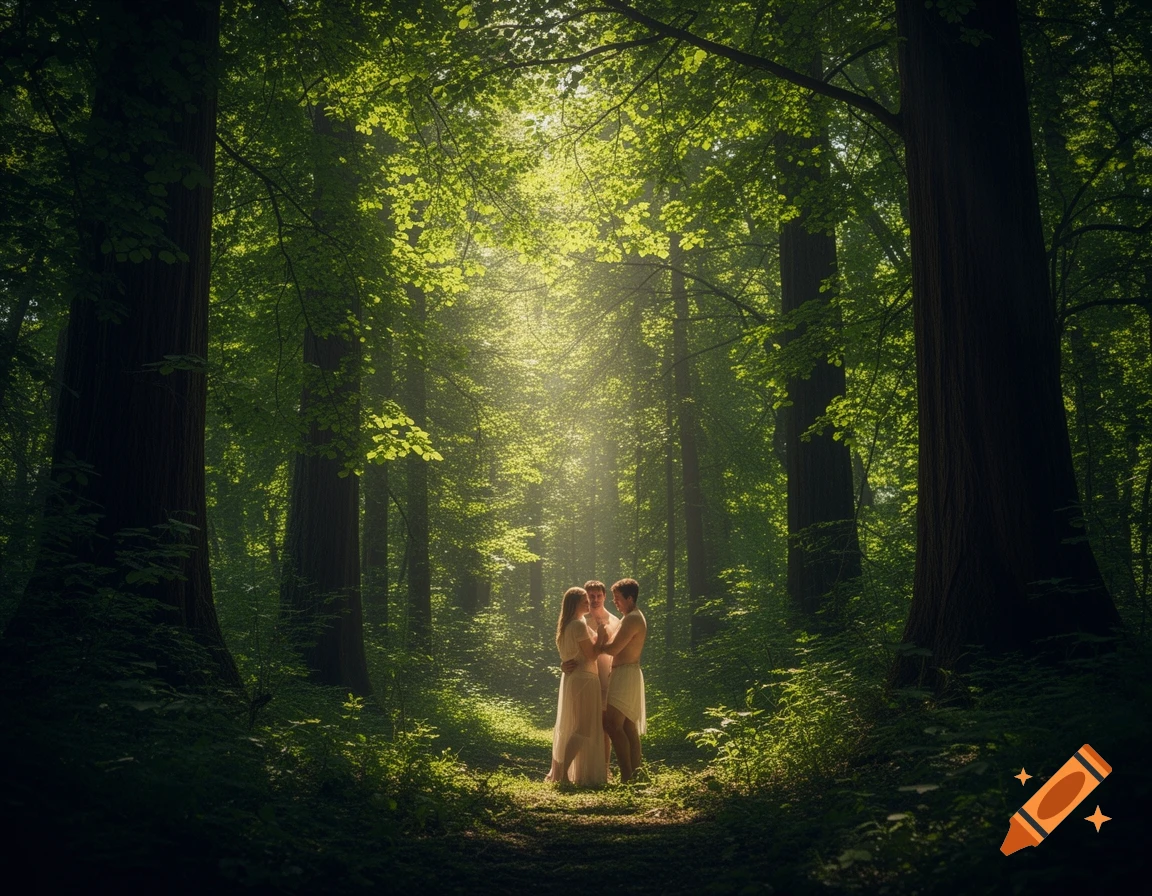 Three lightly clothed people embrace in a vibrant, sunlit forest with dappled light filtering through the canopy.