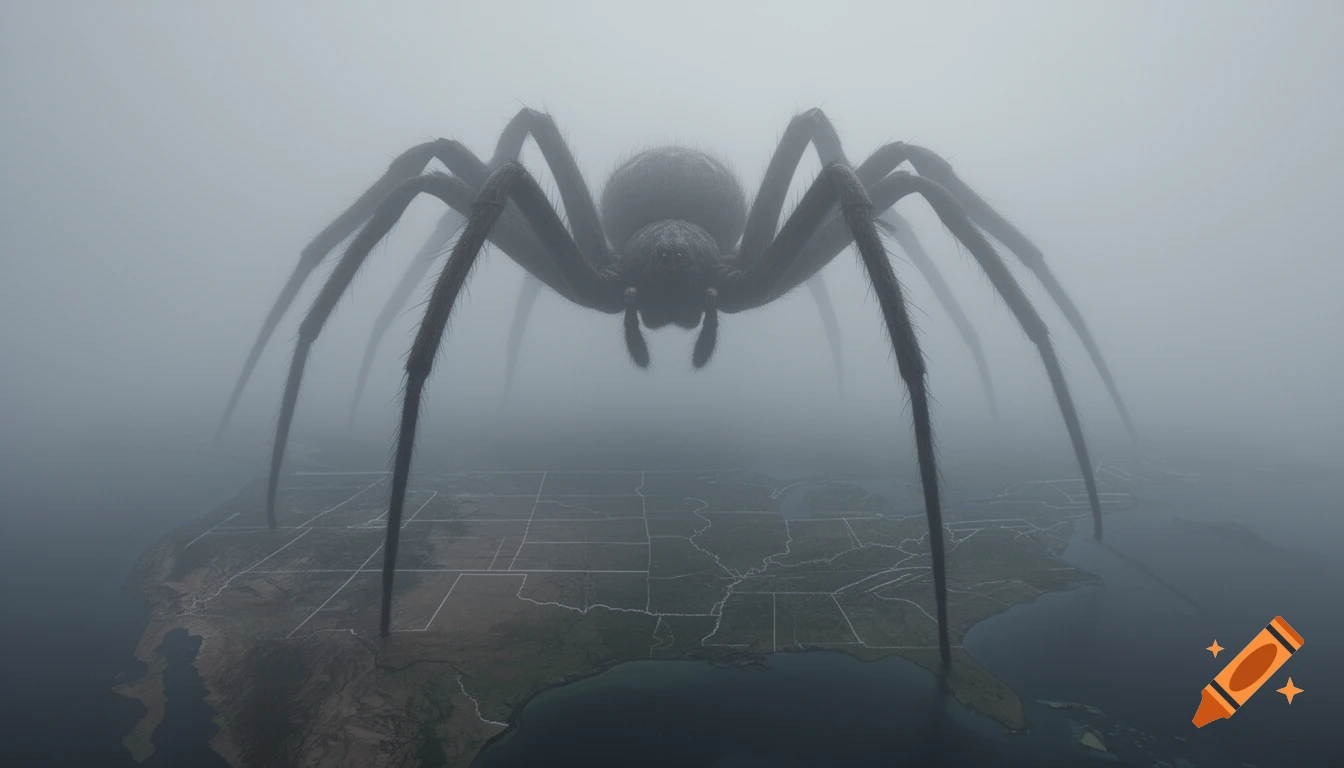 A massive, photorealistic spider shrouded in fog, towering over a map of North America.
