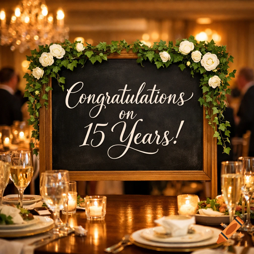 Chalkboard sign at a formal event, decorated with flowers and ivy, reads 'Congratulations on 15 Years!'