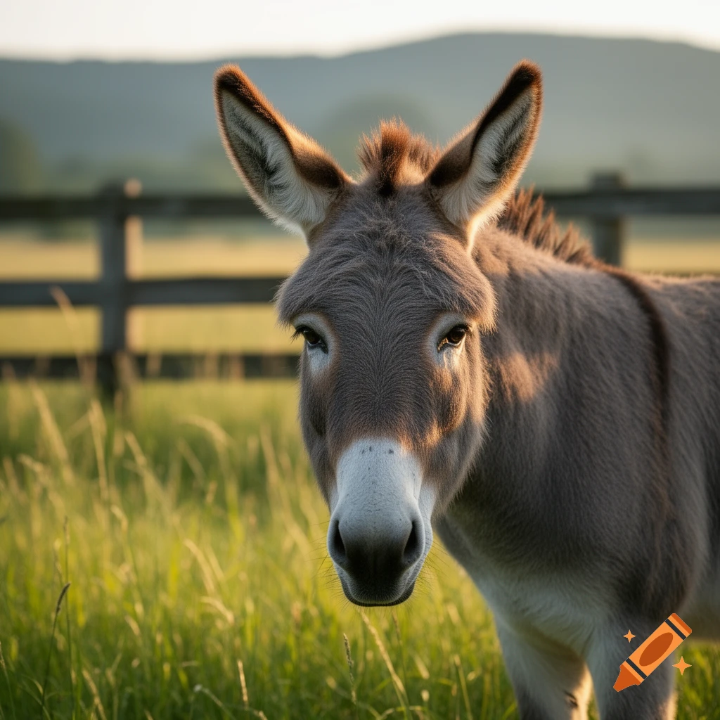 Close-up photorealistic shot of a brown donkey with large ears in a sunny grassy field, fence and hills in the background.