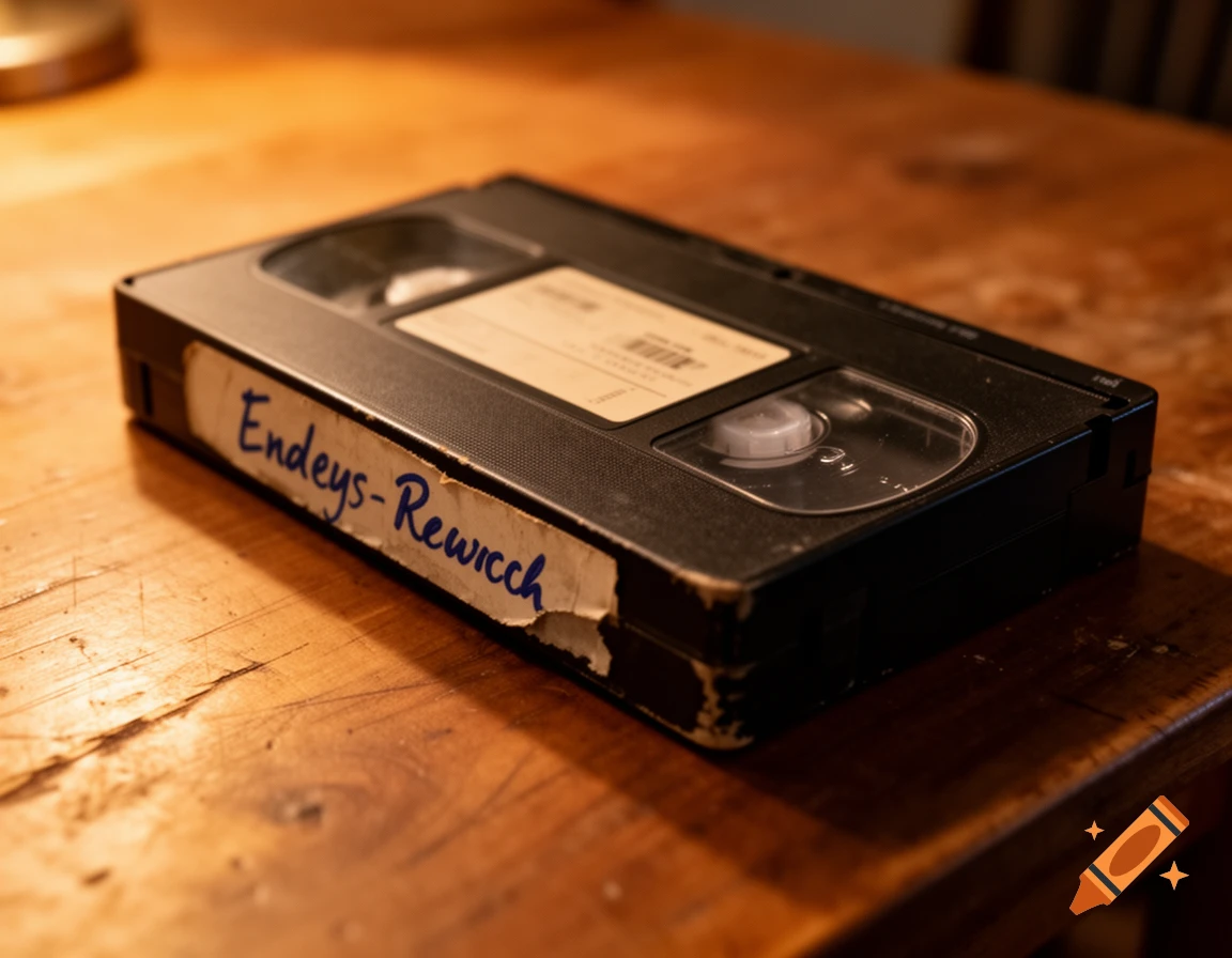 A close-up, angled shot of an old black VHS tape with a torn white label on its side, handwritten with "Endeys-Rewicch" in blue ink, resting on a wooden table.