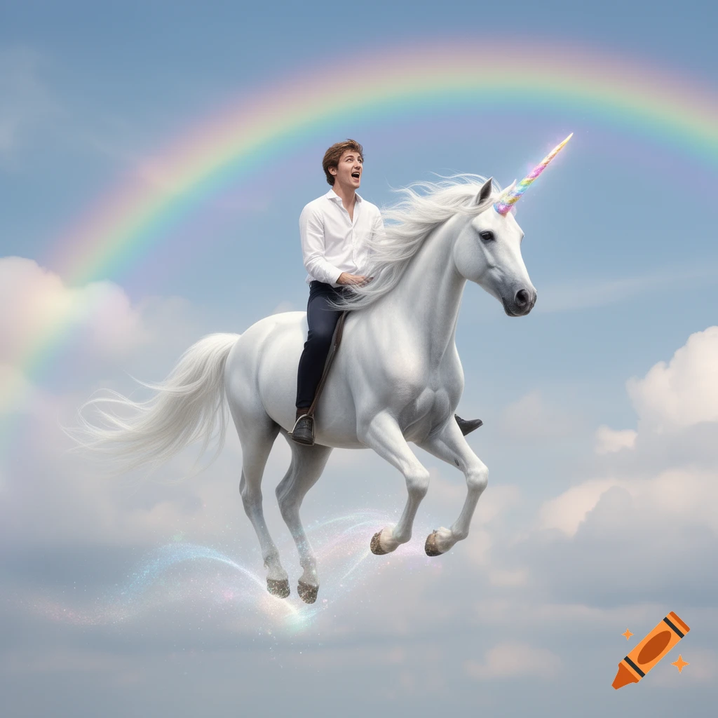 A man rides a white unicorn with a rainbow horn, flying over a vibrant rainbow against a bright, cloudy sky.
