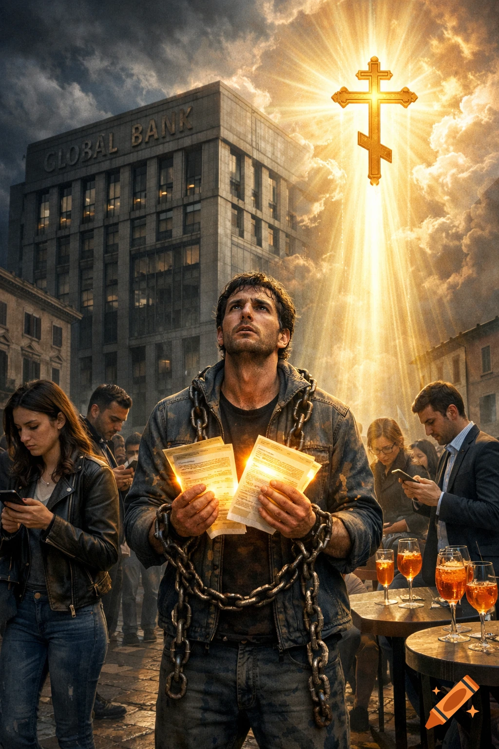 A man in chains holding glowing documents looks up at a golden Orthodox cross in a dramatic sky, with a bank building and people on phones in the background, in a photorealistic style.