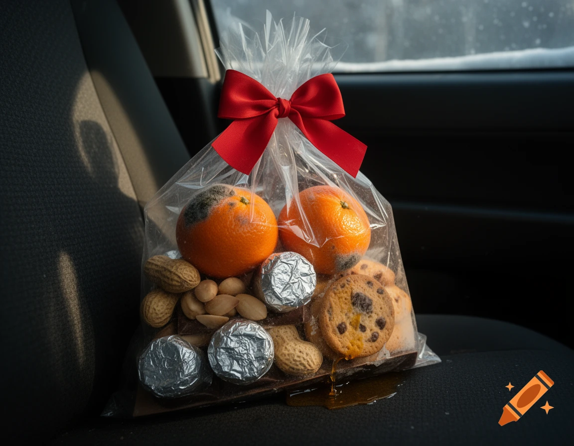 A clear gift bag with moldy oranges, peanuts, foil chocolates, and cookies, leaking onto a car seat. Photorealistic.