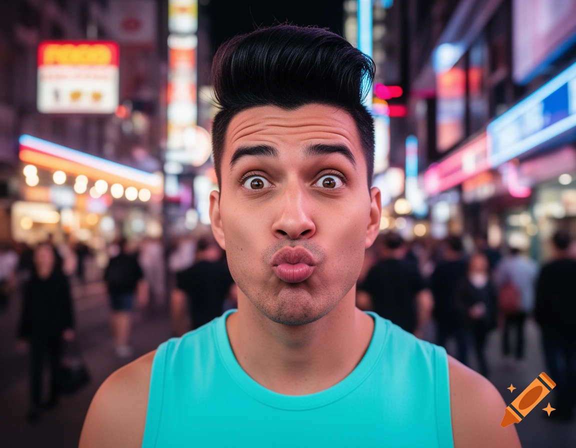 Close-up of a man with wide eyes and pursed lips, in a neon-lit city street at night. Photorealistic style.