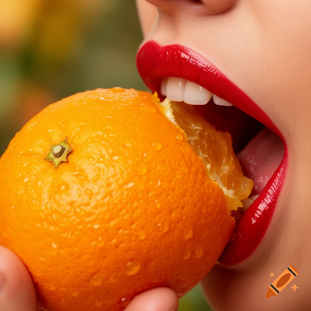 Close-up of glossy red lips biting into a fresh, water-splashed orange, showing white teeth.