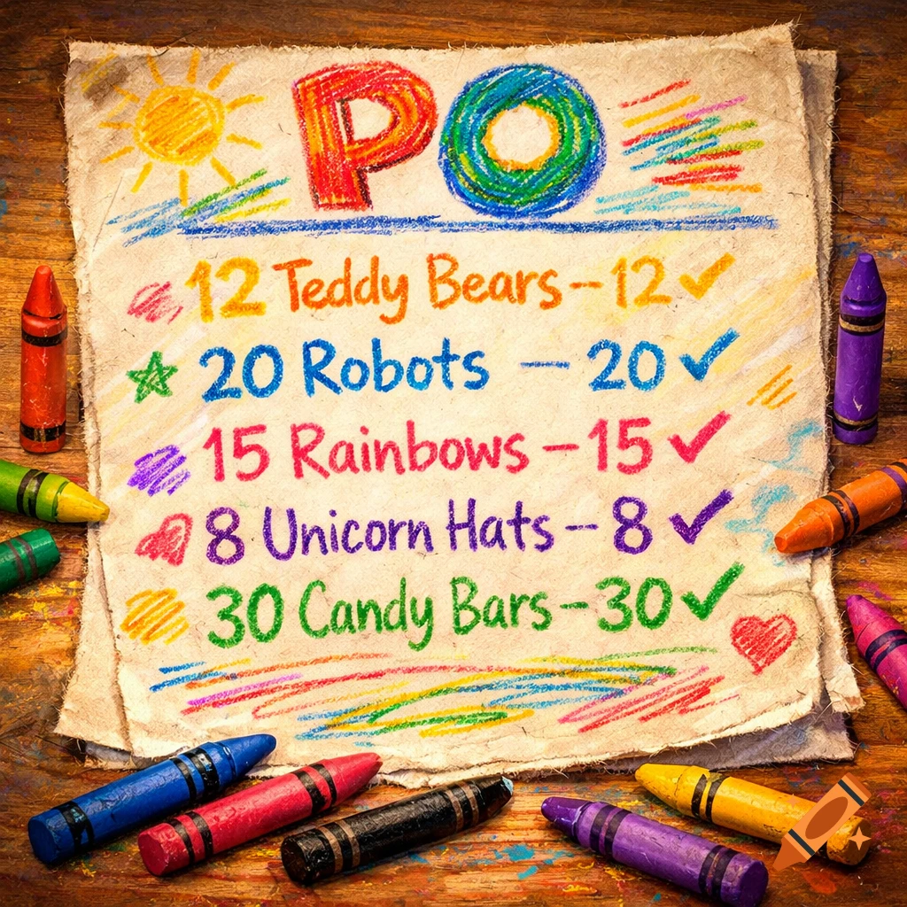 Close-up of a child-like crayon drawing on crumpled paper with a colorful list and scattered crayons.