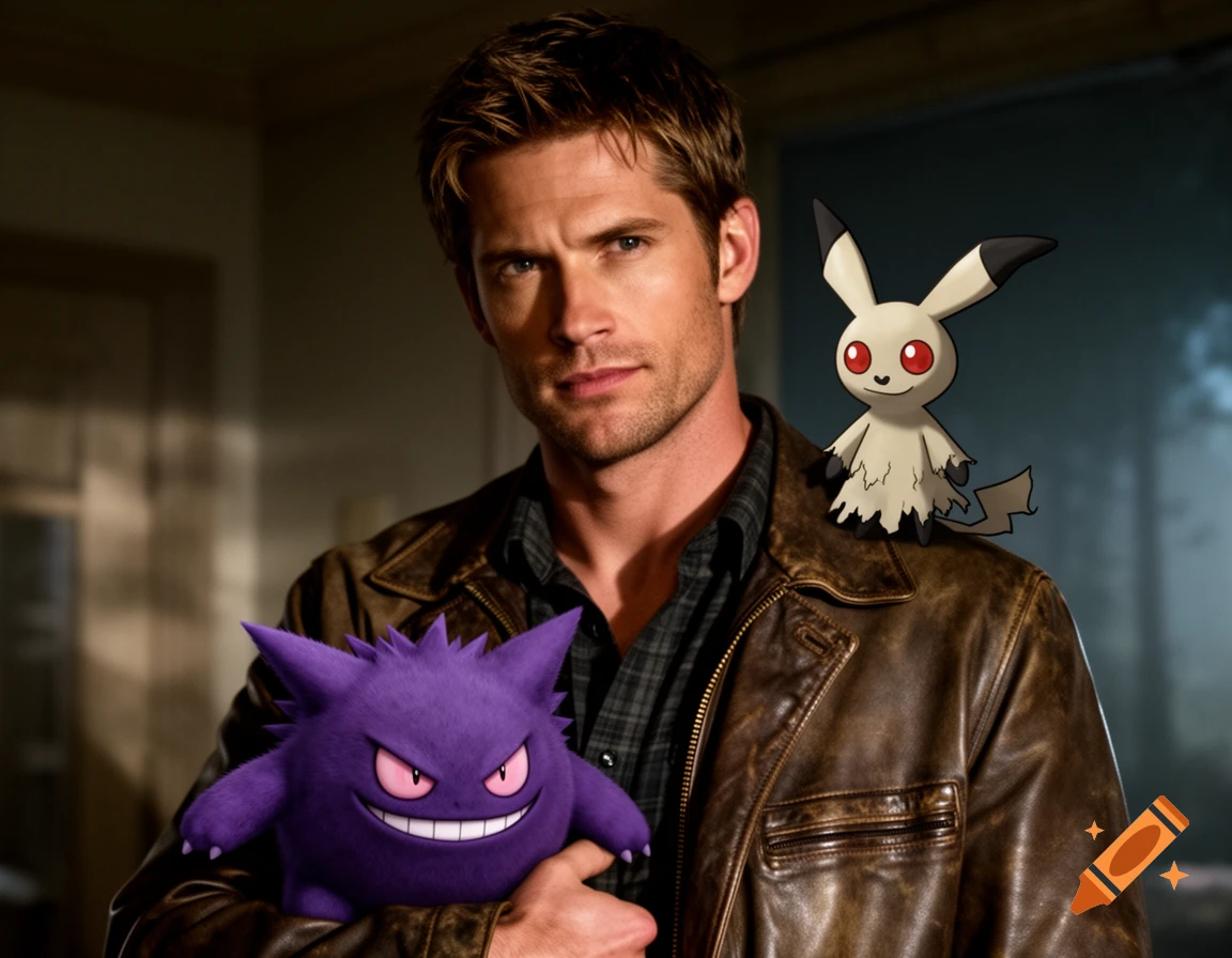 A man resembling Dean Winchester from Supernatural holds a purple Gengar and has a beige Mimikyu on his shoulder.