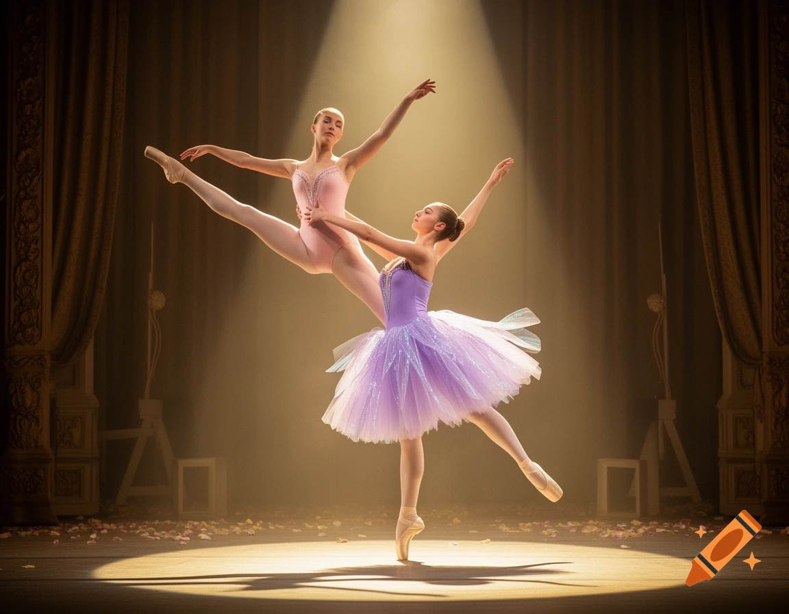 Two ballerinas perform an elegant lift on a dimly lit stage with scattered rose petals, one in pink, one in purple.
