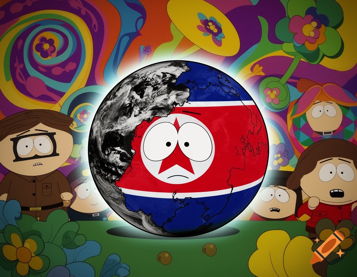 South Park characters around a distressed North Korea countryball Earth, on a psychedelic 1960s background.