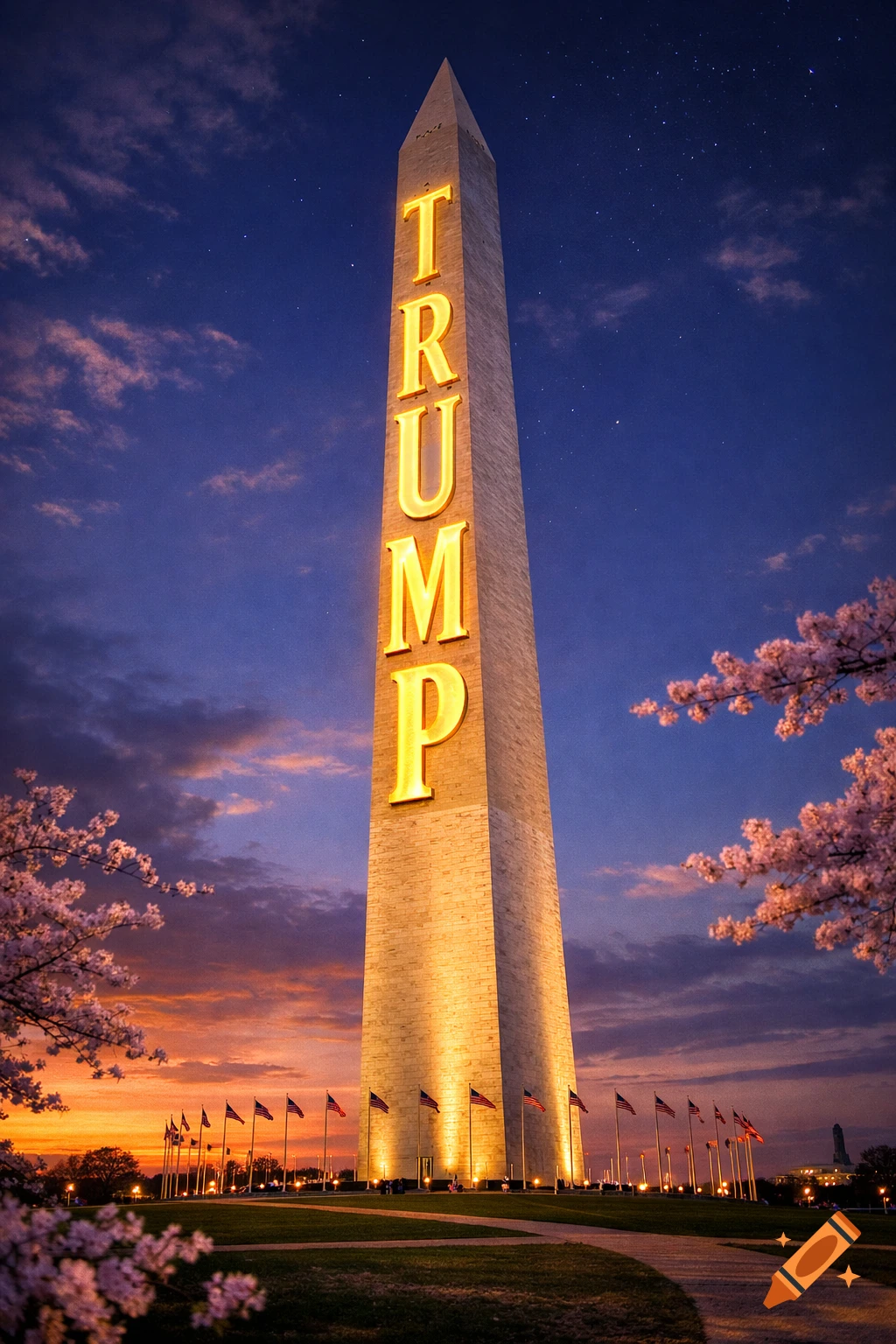 Photorealistic image of the Washington Monument illuminated with "TRUMP" in gold letters, against a sunset sky with cherry blossoms.