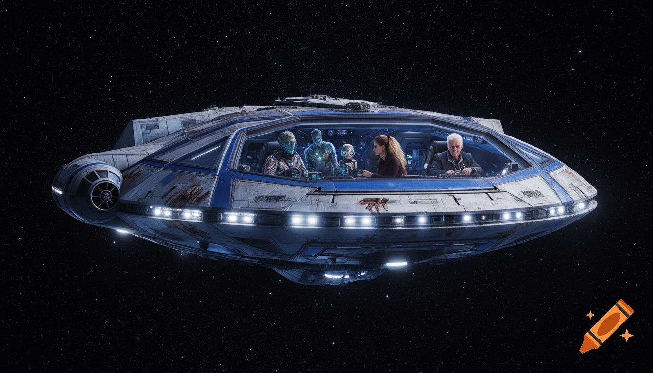 A photorealistic sci-fi spaceship with a diverse crew of humans, aliens, and a robot in the cockpit, flying through space.