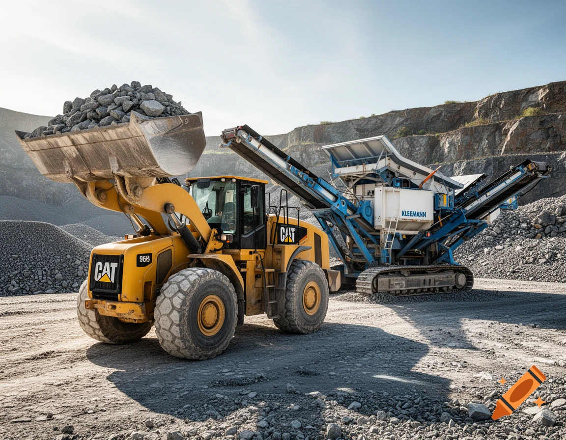 Photorealistic image of a yellow CAT wheel loader with a scoop of rocks next to a blue Kleemann rock crusher in a sunny quarry.