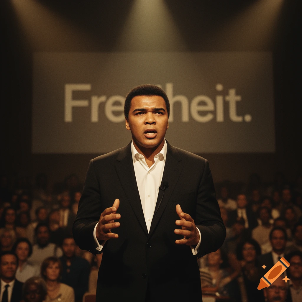 A man resembling Muhammad Ali speaks, gesturing, with 'Freiheit.' on a screen and an audience in a dim hall. Photorealistic image.