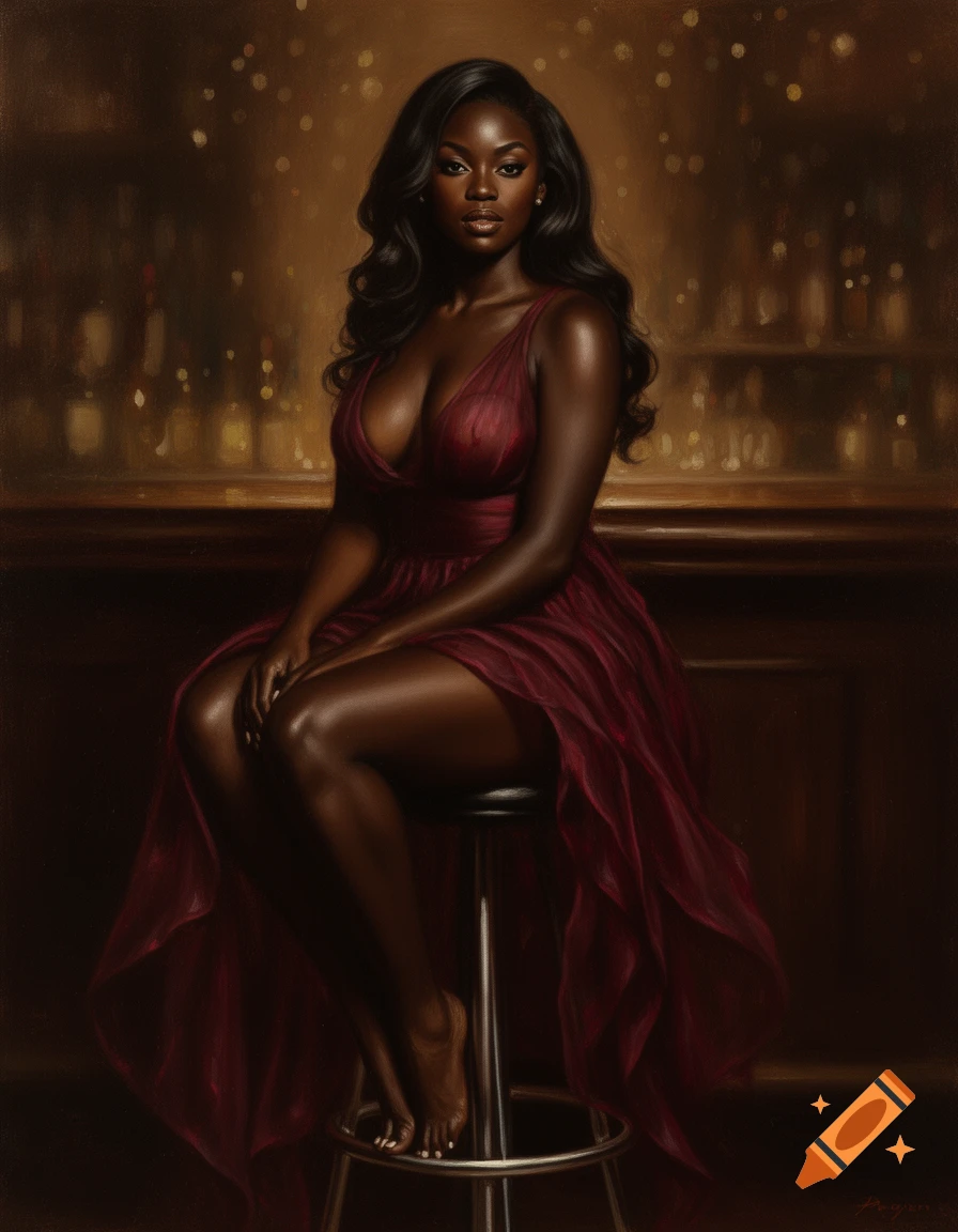 An oil painting of an attractive Black woman in a long, flowing deep red dress, sitting on a bar stool in a dimly lit bar.