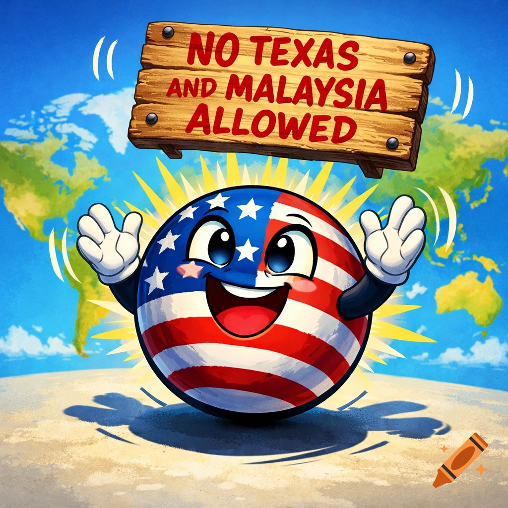 A happy USA countryball character stands on a sandy beach in front of a world map, holding a wooden sign that reads 'NO TEXAS AND MALAYSIA ALLOWED'.