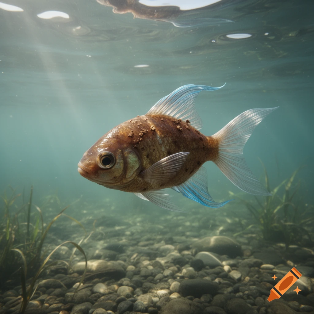 A brown, textured fish with light blue fins swims in clear water above a rocky bottom with green plants.
