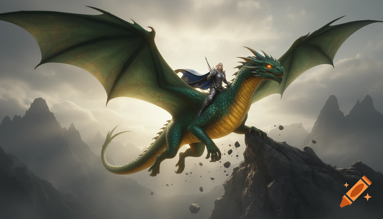 A knight in silver armor rides a large green dragon with a golden belly and glowing eyes, taking off from a mountain ledge amidst misty peaks.