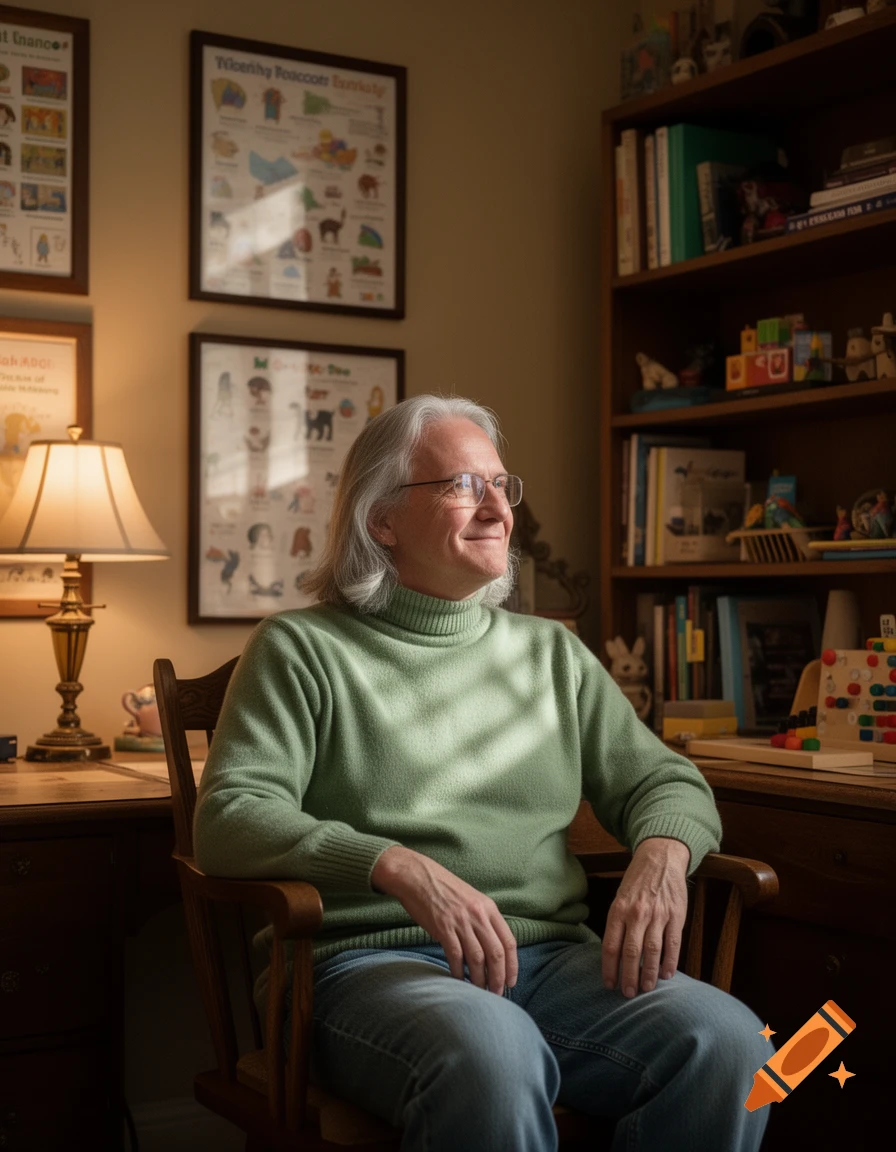 An older man with long gray hair and glasses smiles while sitting in a wooden chair in a sunlit home office.