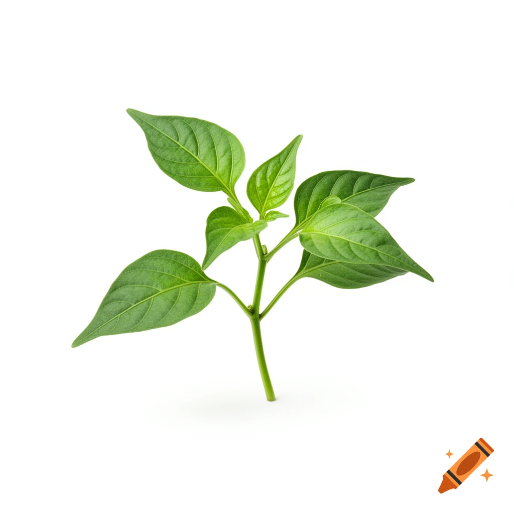 A small green habanero chili seedling with several leaves stands upright on a clean white background.