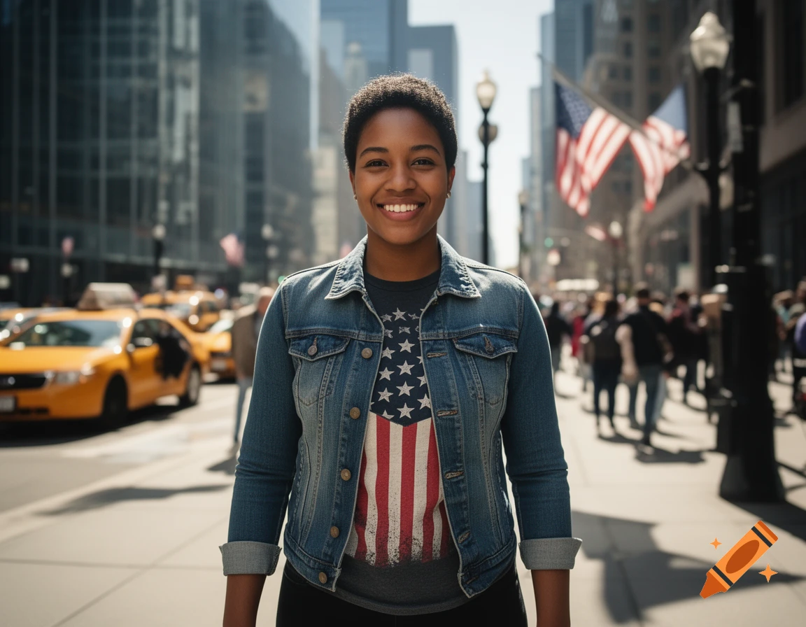 A smiling Black woman in a denim jacket and American flag shirt stands on a city street with taxis and buildings.