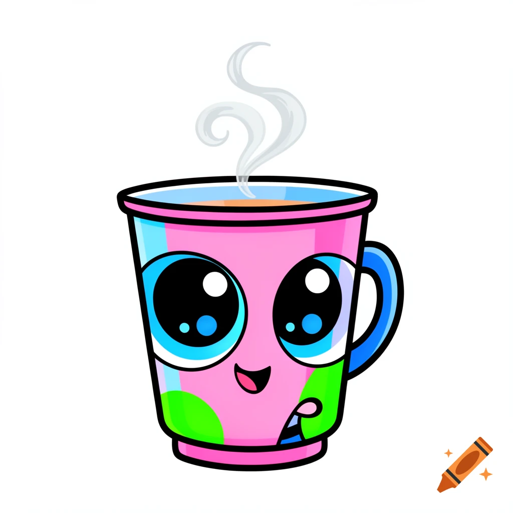 A cute cartoon cup with big blue eyes, a happy smile, and steam, rendered in a pink, blue, and green Powerpuff Girls style.