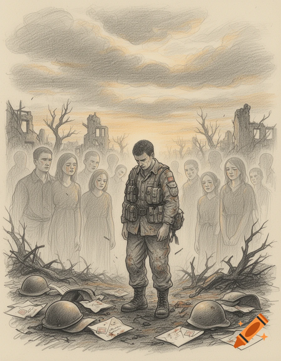A colored pencil sketch depicts a somber soldier standing in a war-torn landscape with ghostly figures, fallen helmets, and scattered papers.