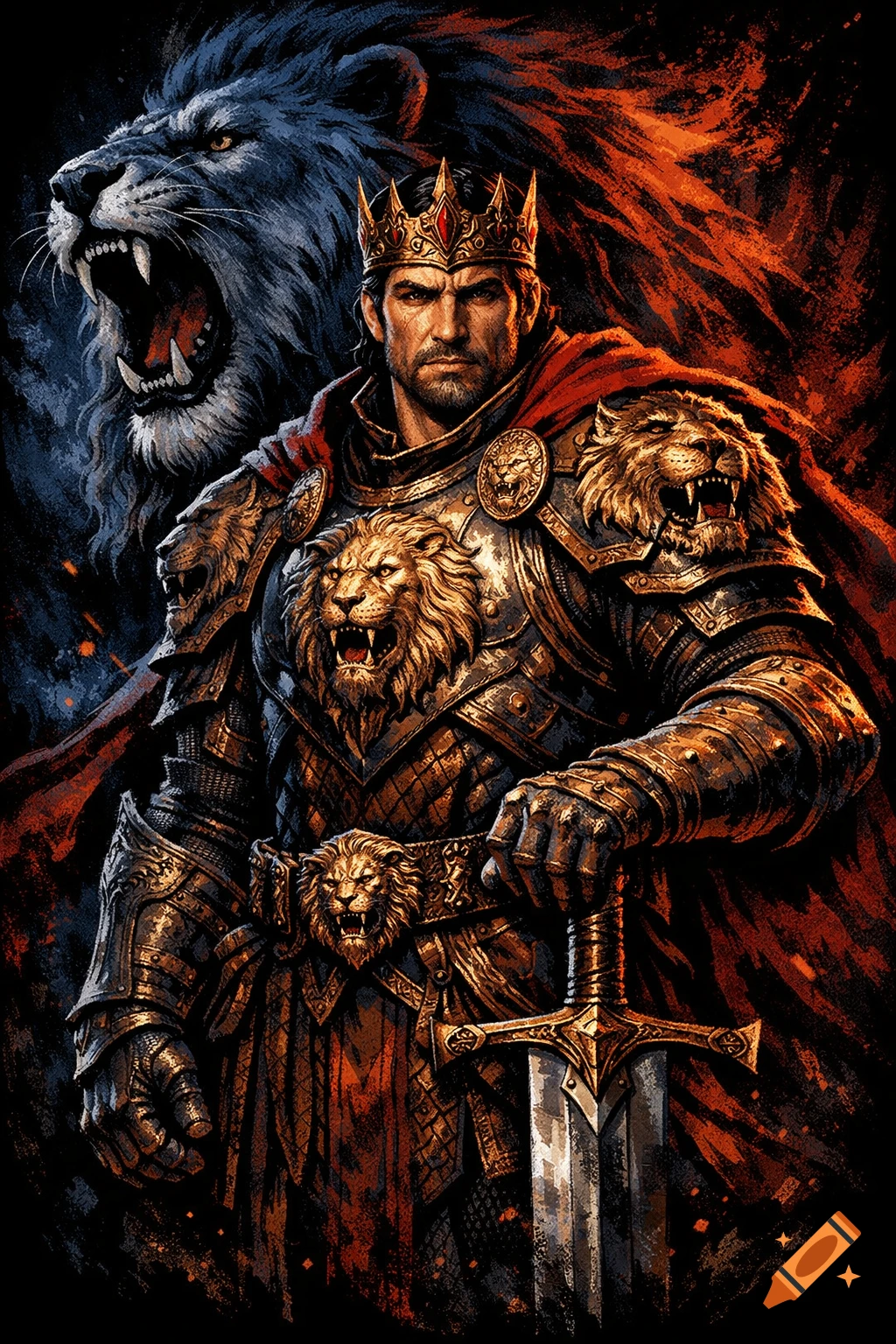 A warrior king in ornate golden lion armor and red cape holds a sword ...
