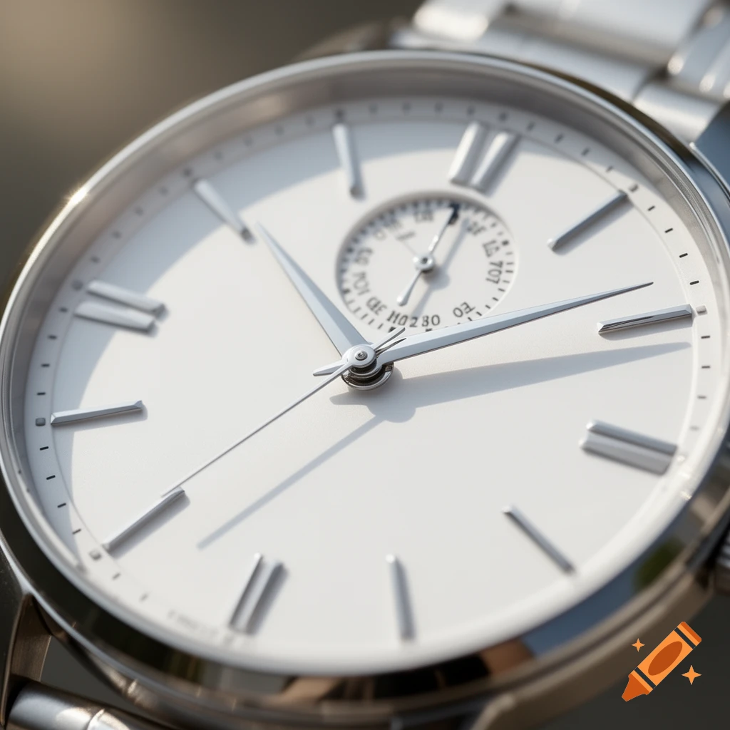 Close-up of a silver-toned wristwatch with a white dial and small seconds sub-dial.