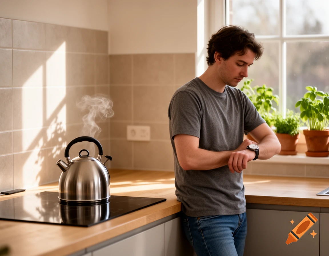 A man in a kitchen looking at his watch while a kettle steams on the stovetop, photorealistic.