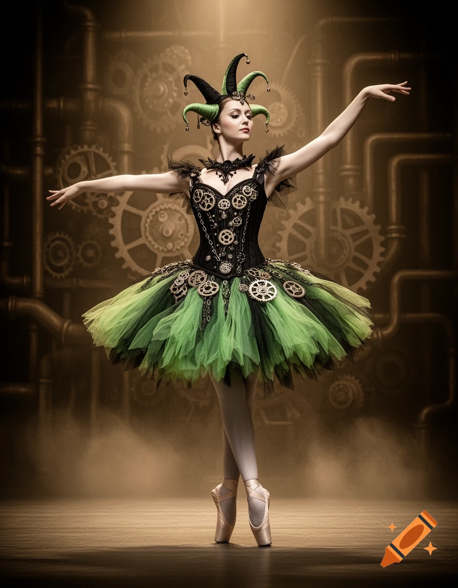 A ballerina in a green jester-steampunk tutu and pointe shoes on a smoky stage with gear background.