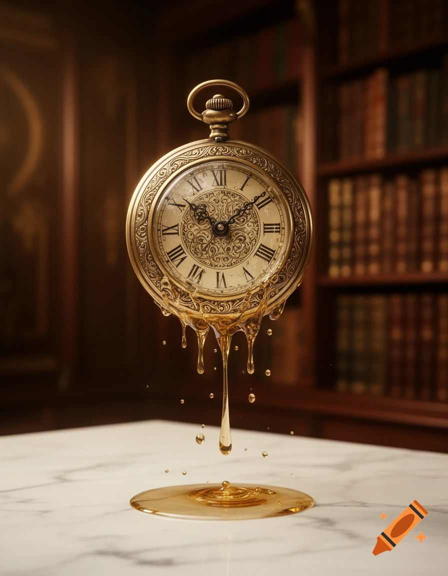 Photorealistic image of a golden antique pocket watch melting into a viscous liquid on a white marble table, with a blurred bookshelf background.