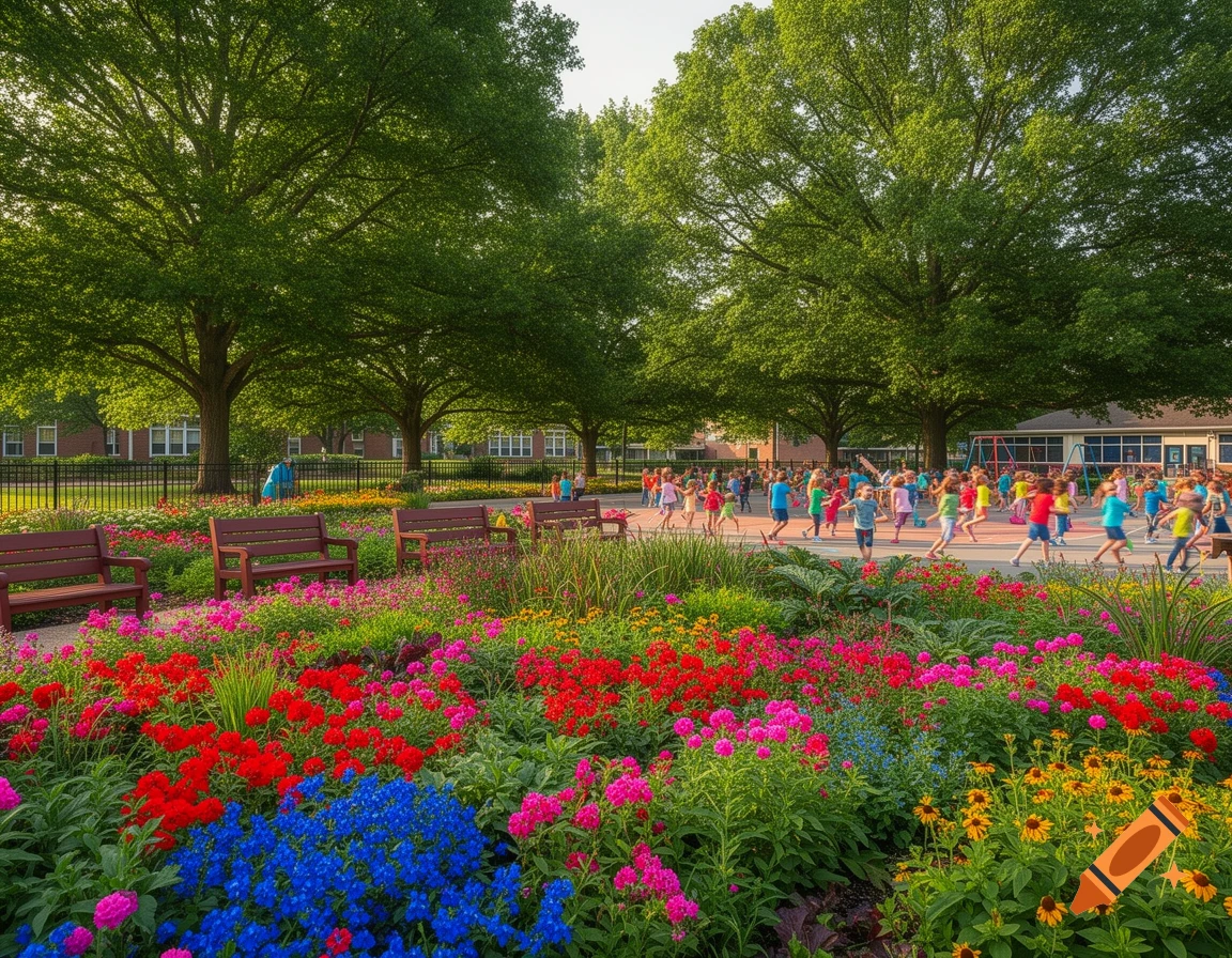 A vibrant school garden with colorful red, blue, pink, and yellow flowers in the foreground, with benches and tall green trees. In the background, children play on a sunny playground.