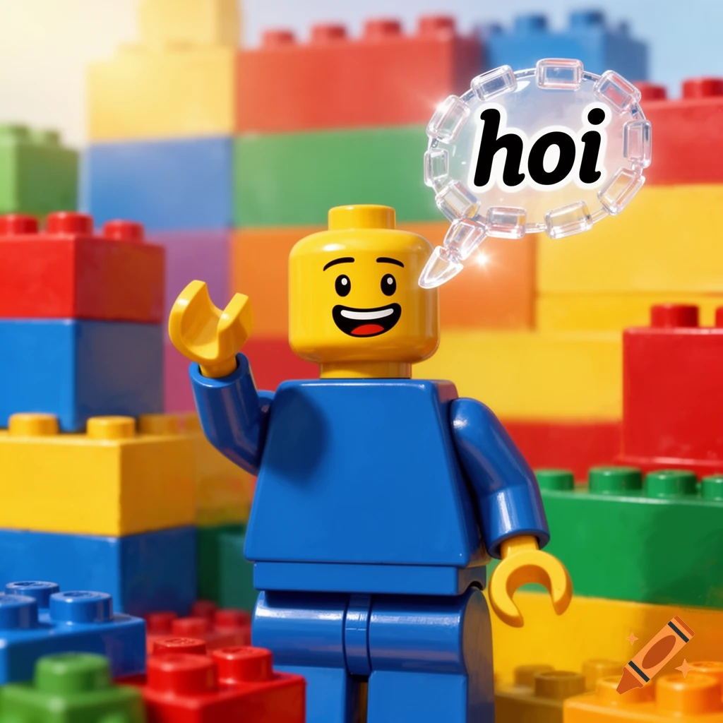 A yellow-headed Lego minifigure in a blue shirt and pants waves a hand and says "hoi" in a speech bubble, surrounded by colorful Lego bricks.