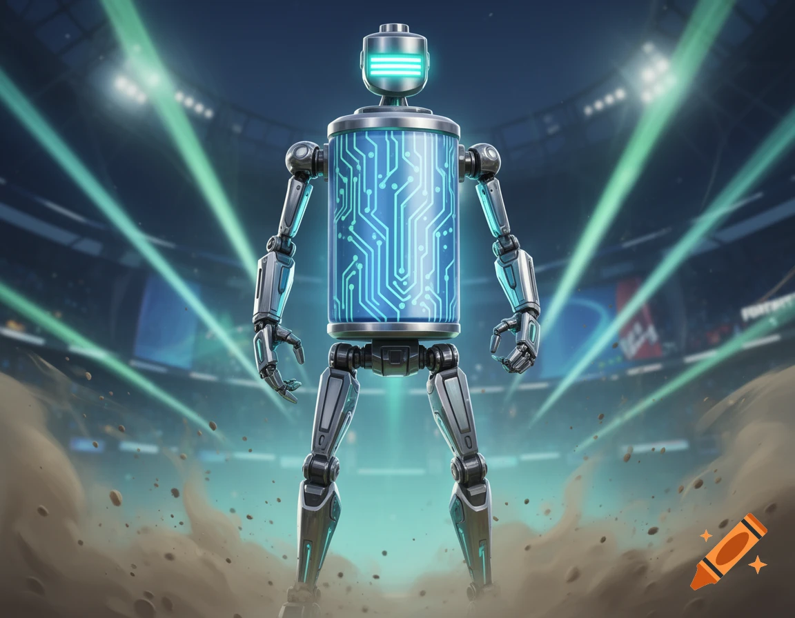 A Fortnite-style robot with a battery body, blue circuits, metal limbs, and glowing head, stands in a dusty stadium with green lights.
