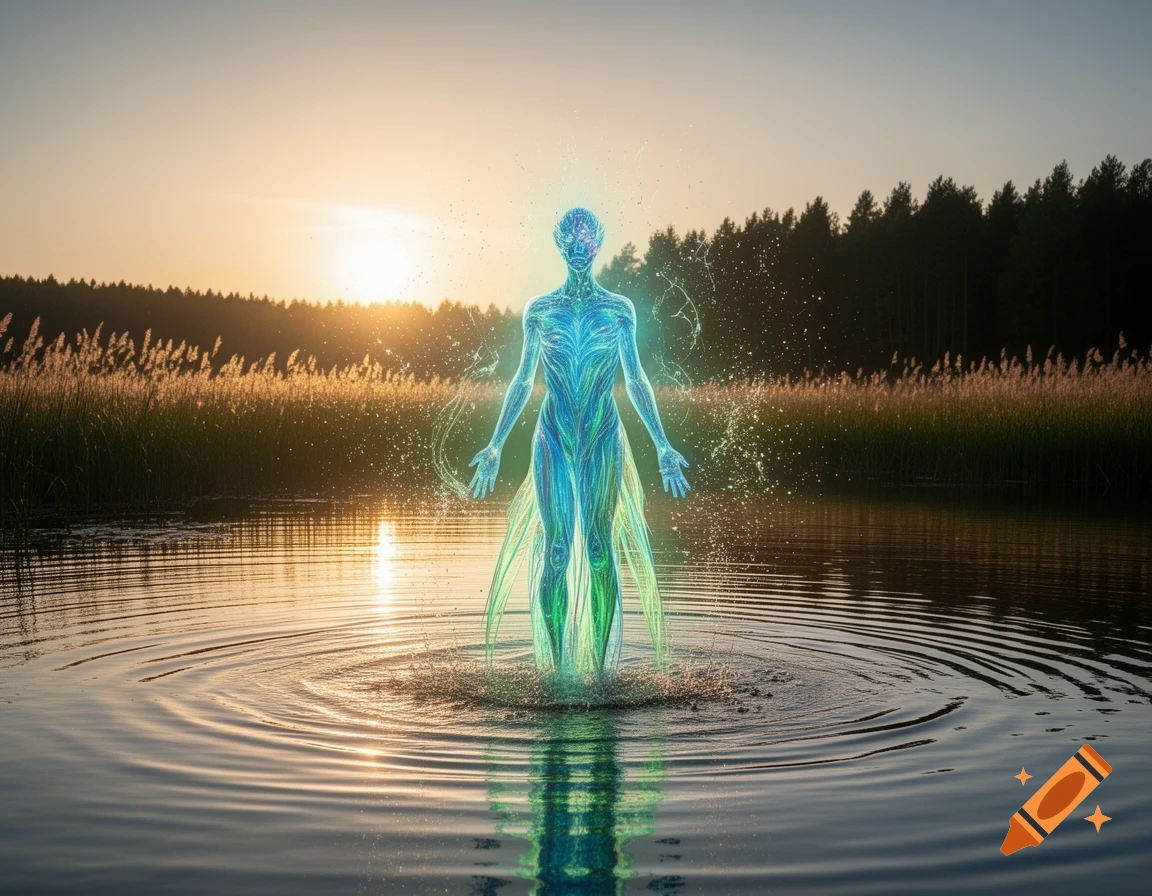 A glowing, ethereal blue-green humanoid figure rises from calm water at sunset, surrounded by reeds and a dark forest.