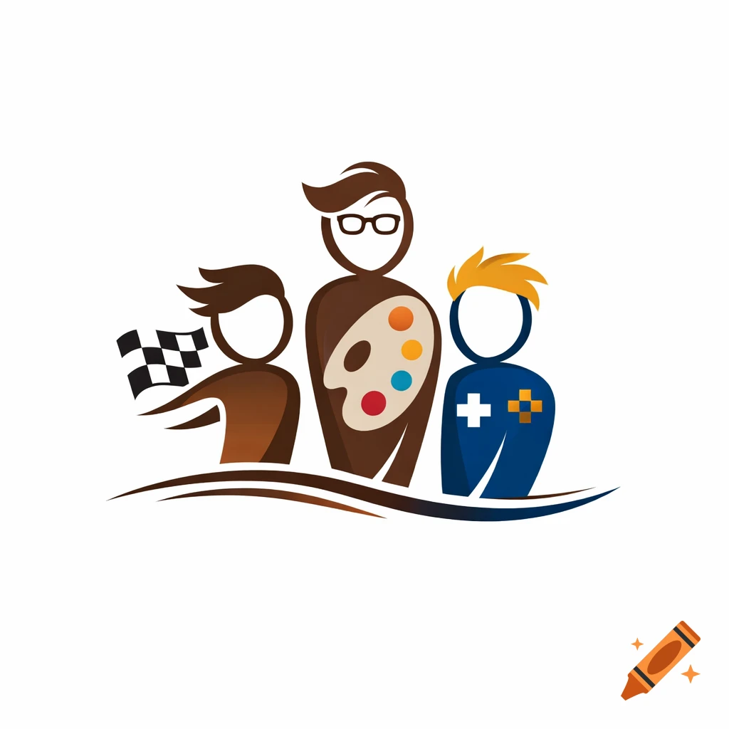 A vector logo with three stylized figures representing hobbies: art, racing, and gaming.