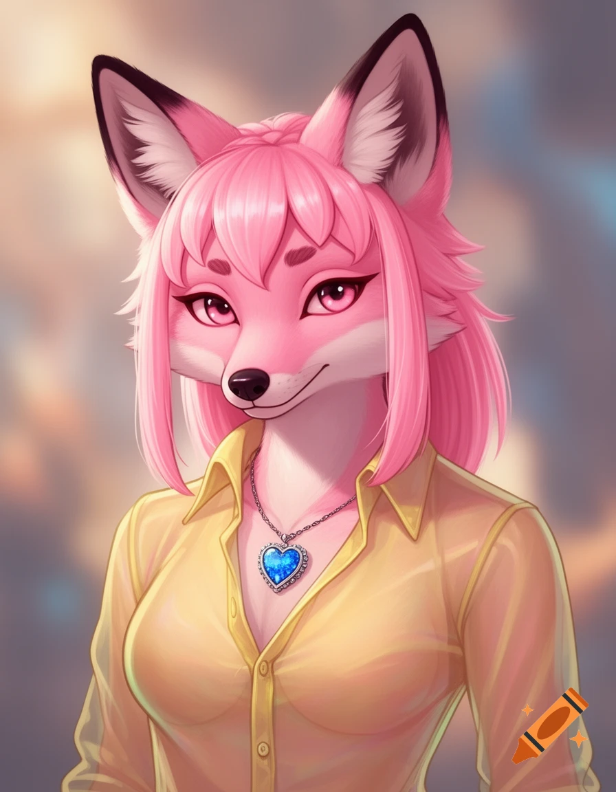 A pink anthropomorphic fox character with pink hair, wearing a sheer yellow button-up shirt and a blue heart pendant necklace.