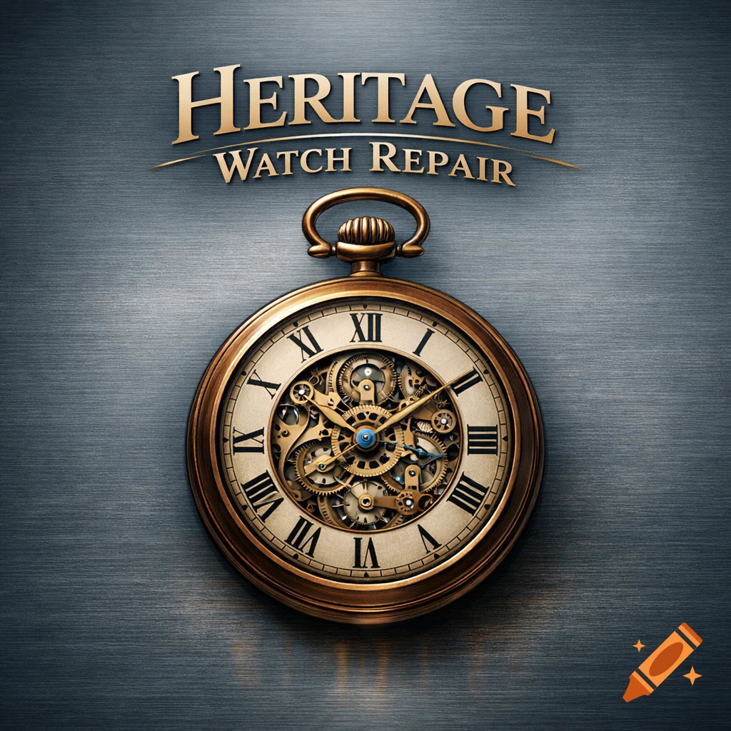 Gold vintage pocket watch with visible gears and Roman numerals, beneath 'HERITAGE WATCH REPAIR' text on a brushed metal background.