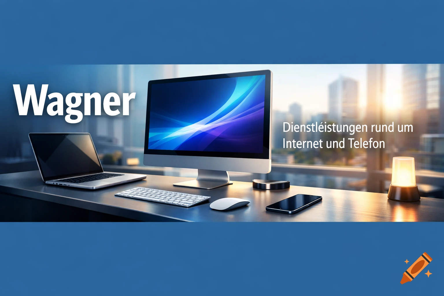 Modern office desk with computers and phone, featuring a blue banner with 'Wagner' and 'Services for Internet and Telephone' text.