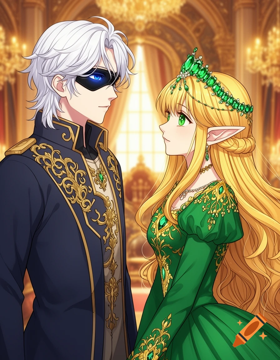 An anime elf princess in a green gown and a masked prince in blue, looking at each other in an ornate palace.