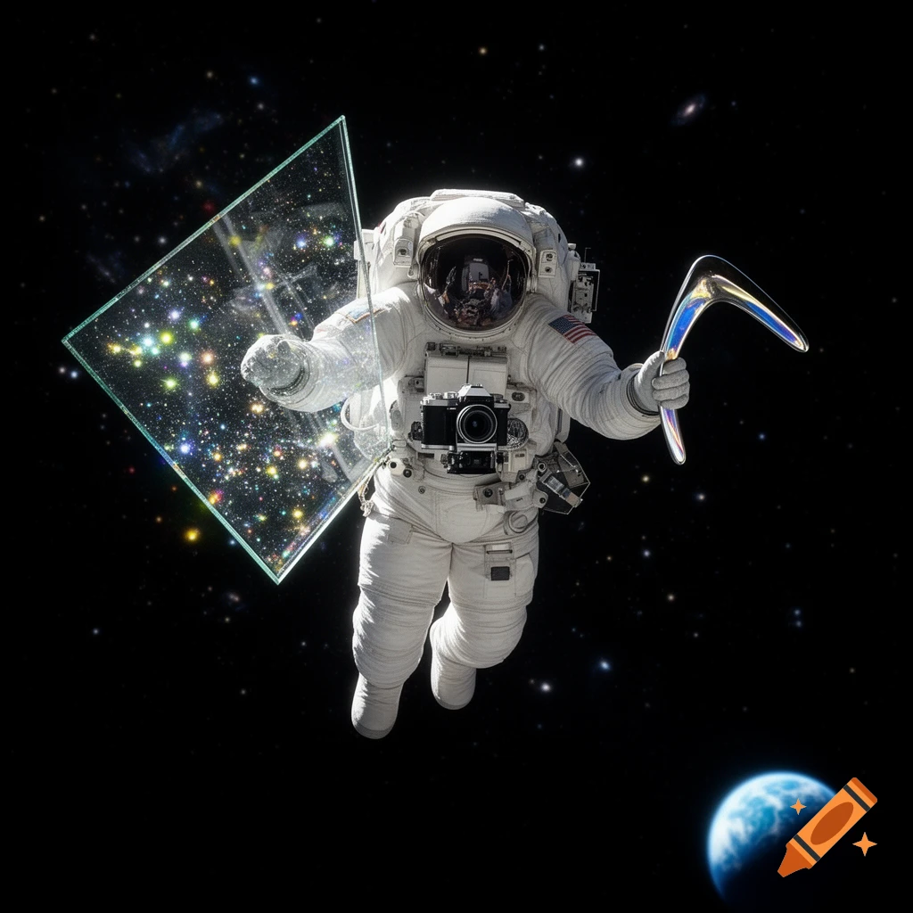 An astronaut floats in deep space, holding a clear, sparkling triangular pane and a shiny, iridescent boomerang, with Earth visible.