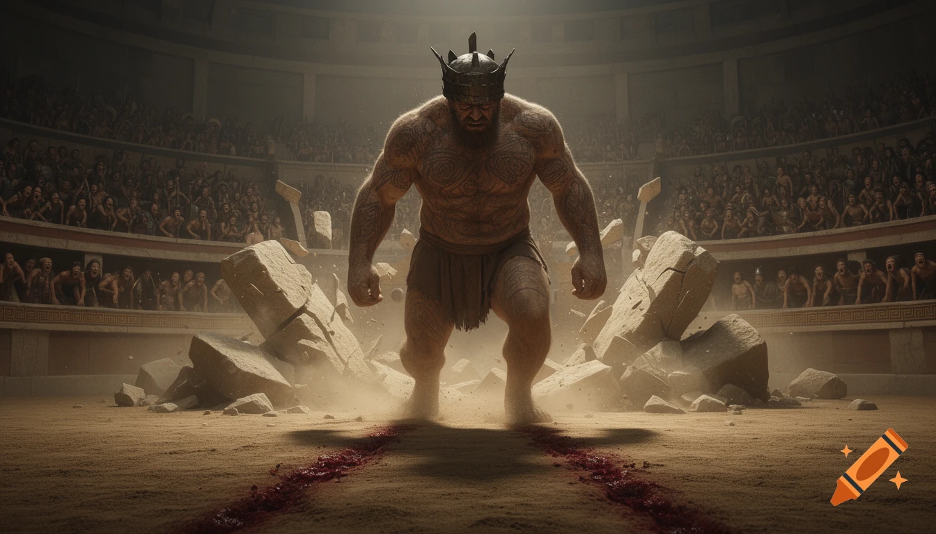 A colossal, tattooed giant in a helmet and loincloth stands in a damaged ancient arena with blood on the sand and horrified spectators.