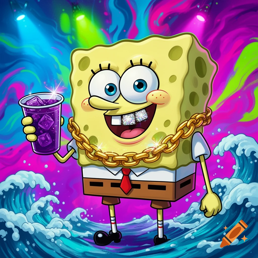 Spongebob Squarepants with a gold chain and diamond grills, holding a purple drink, against a vibrant, wavy background.