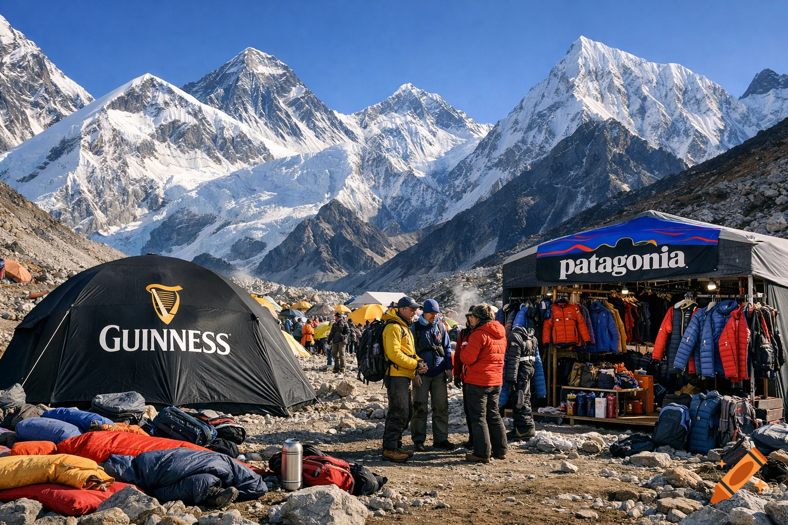 A photorealistic image of a bustling Himalayas base camp with climbers, Guinness and Patagonia tents, and majestic snow-capped mountains.