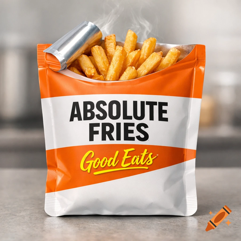 A close-up, photorealistic image of a white and orange snack bag filled with steaming hot french fries, labeled "ABSOLUTE FRIES Good Eats".