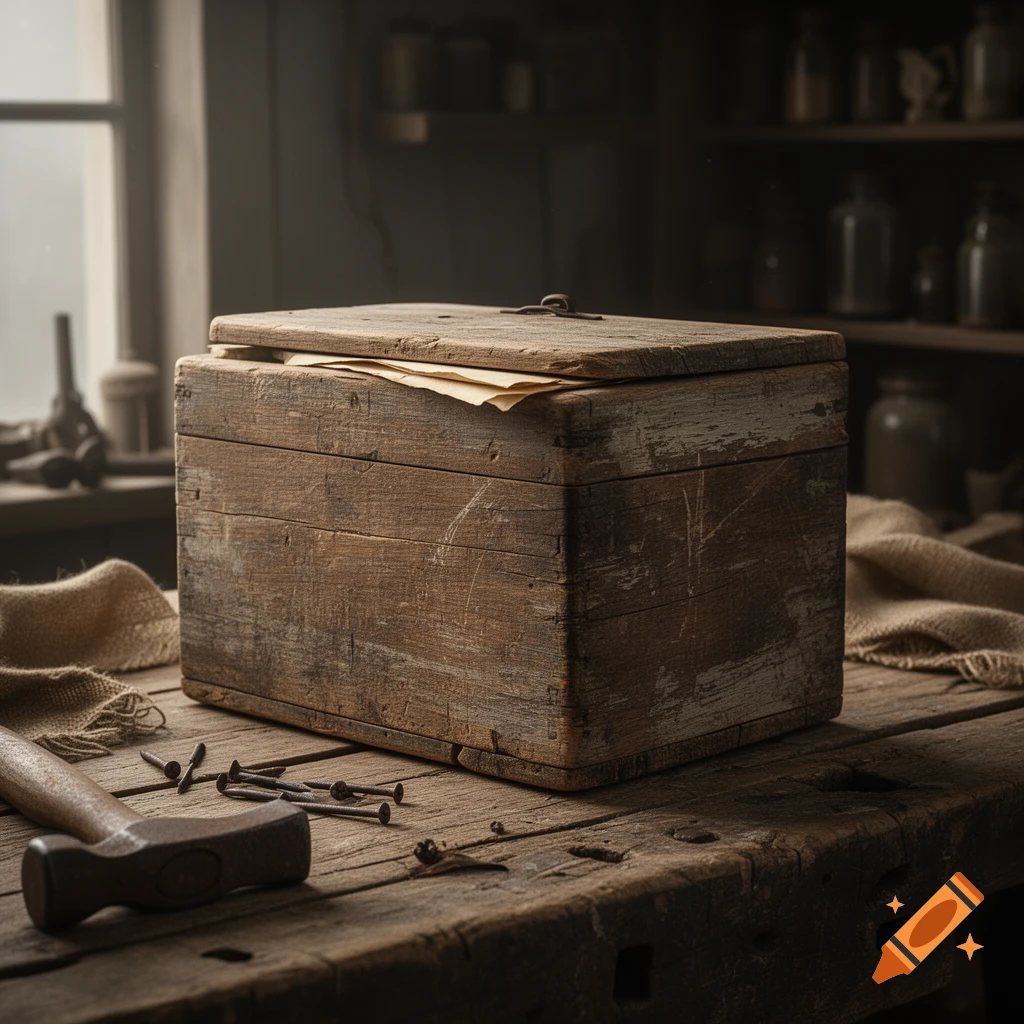 A rustic wooden box with its lid slightly ajar, a hammer, and scattered nails on a weathered workbench in a dim workshop.