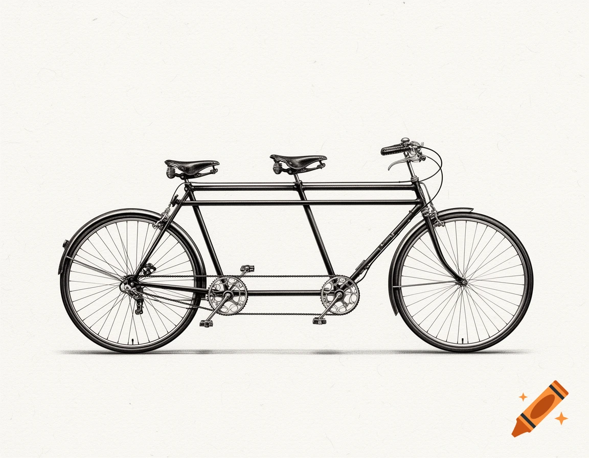 A detailed black and white drawing of a vintage tandem bicycle.