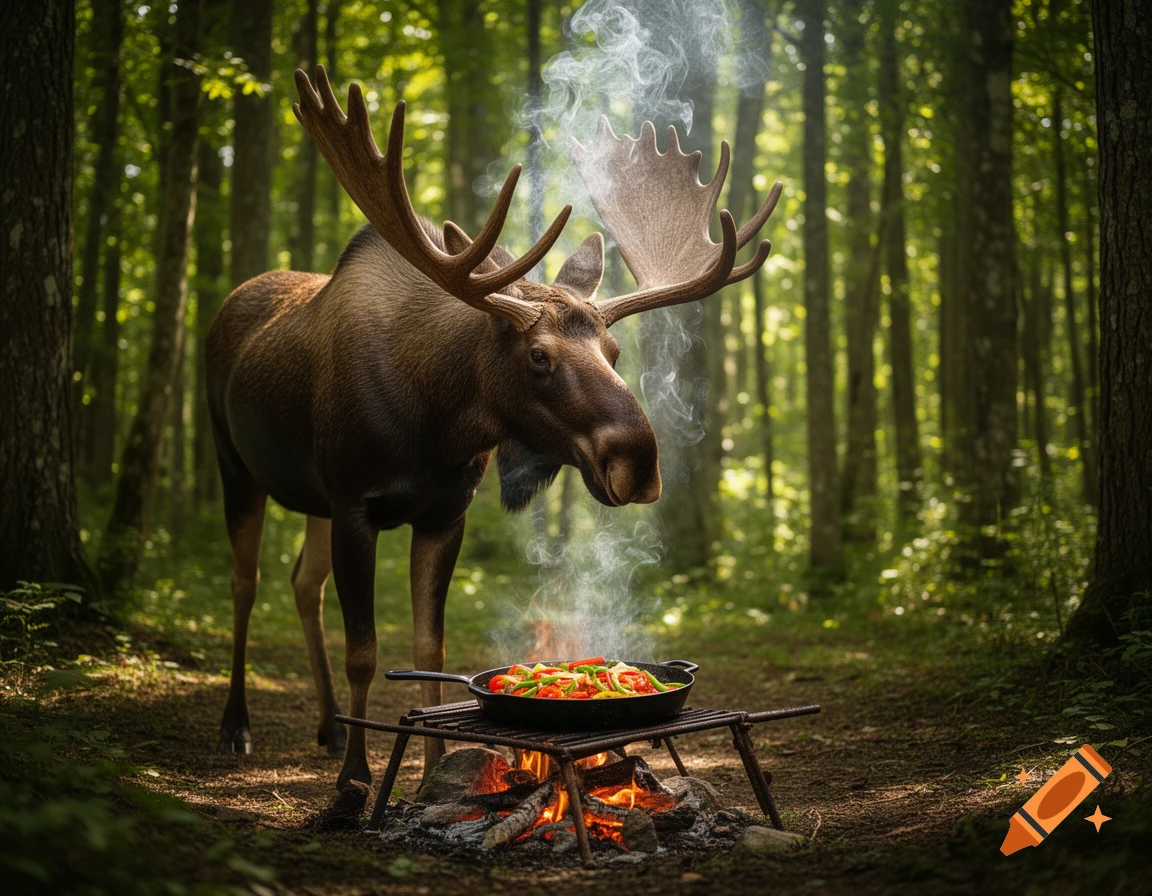 A large moose stands in a dense forest, looking at vegetables cooking in a pan over a campfire.